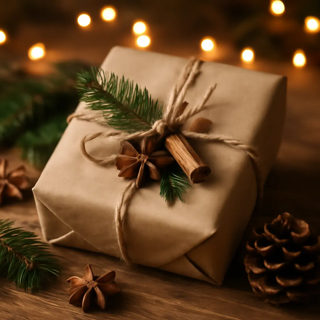 Dárkové balení s přírodními dekoracemi a štítkem