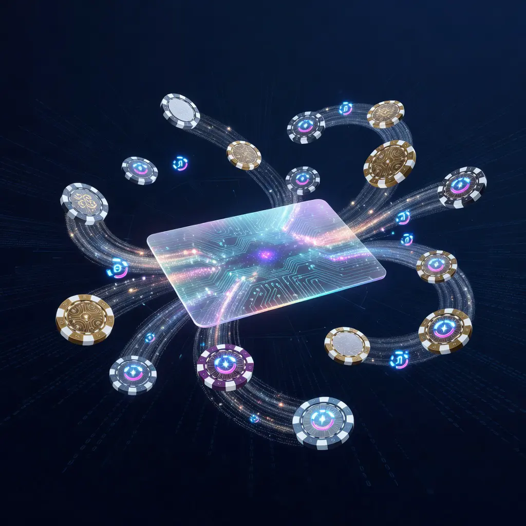 Digitální dárkový poukaz pro casino bonus bez vkladu znázorněný jako zářící virtuální kasino s kasino čipy na tmavém pozadí