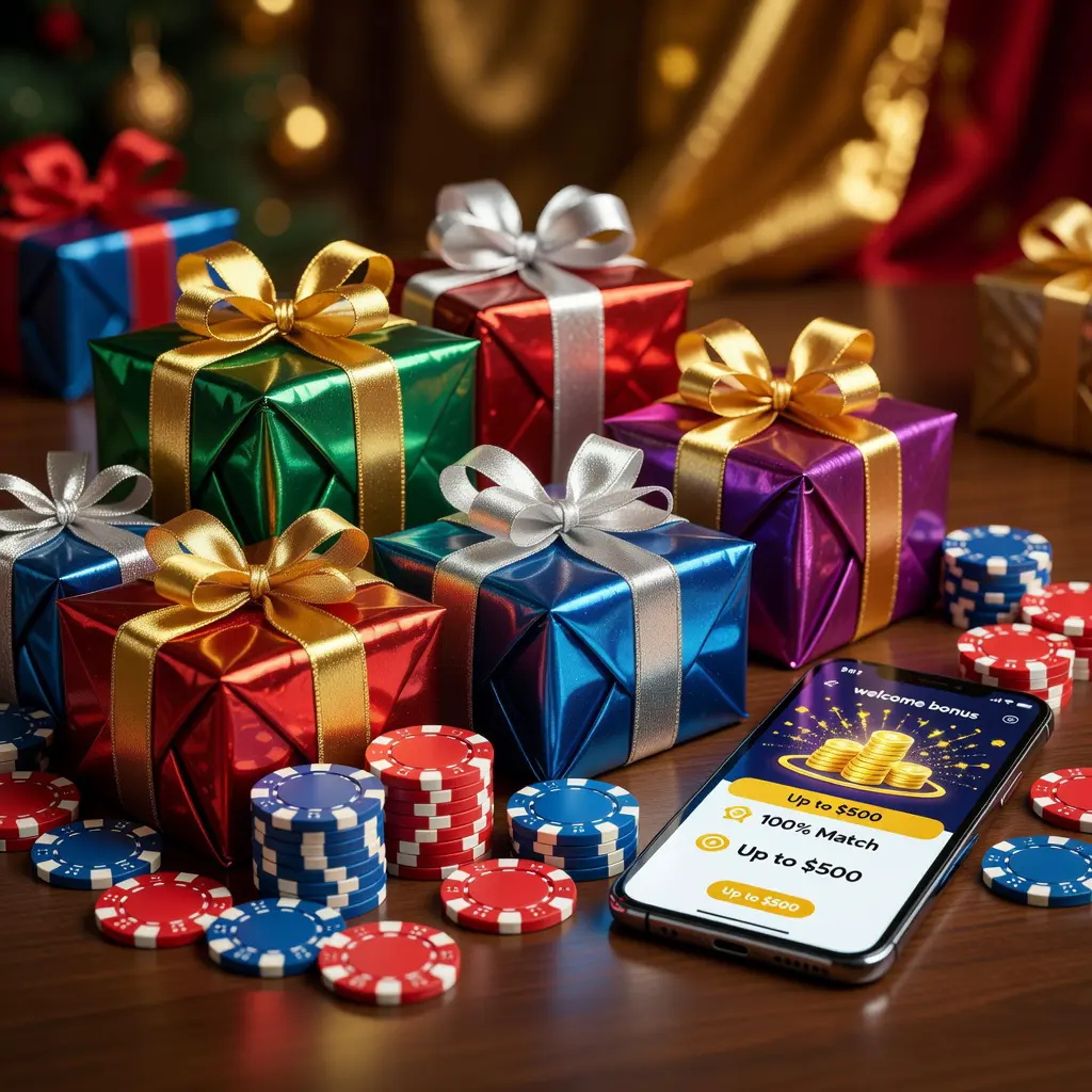 Dárkové krabičky s mašlemi vedle casino žetonů a smartphonu zobrazujícího uvítací casino bonus