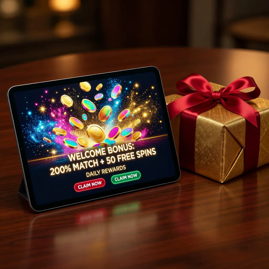 Tablet zobrazující uvítací bonus online kasina jako originální dárkový tip