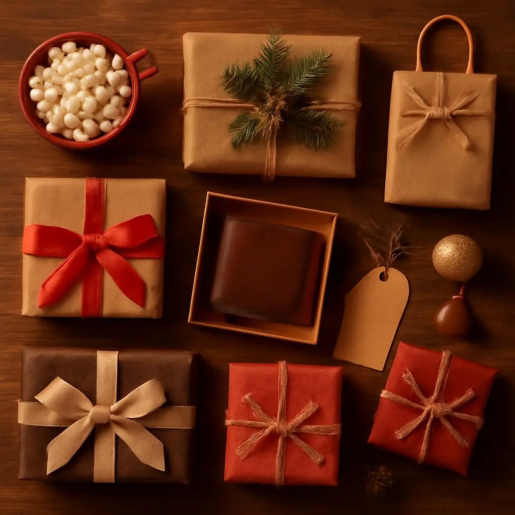 Různé dárky rozložené na stole pro inspiraci