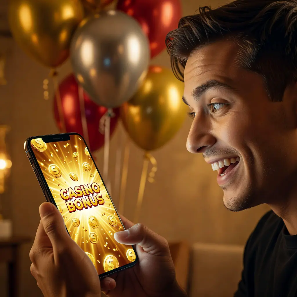 Člověk s překvapeným výrazem drží smartphone s casino bonus oznámením, symbolizující digitální dárek k narozeninám