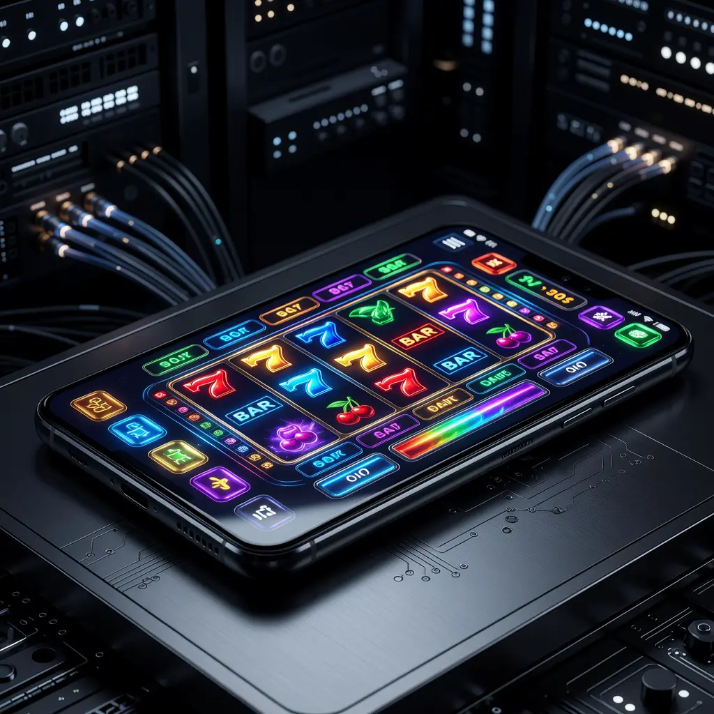 Moderní smartphone zobrazující barevné rozhraní mobilní casino aplikace s automaty a futuristickými prvky