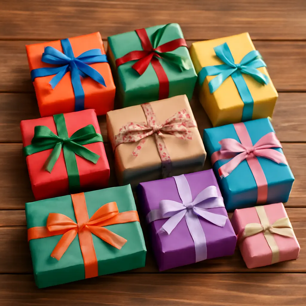 Různé zabalené dárky na stole