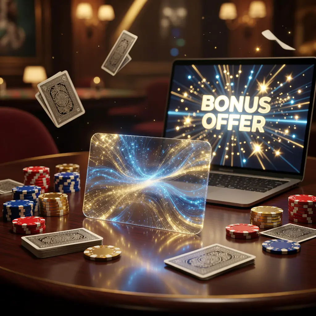 Ilustrace online casino bonusu — číše, hrací karty a digitální dárkový poukaz na obrazovce počítače