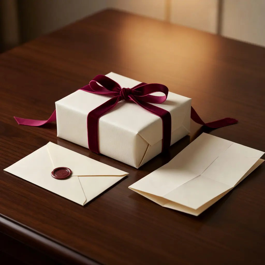 Elegantně připravený dárkový balíček s kasino průvodcem a obálkou na stole