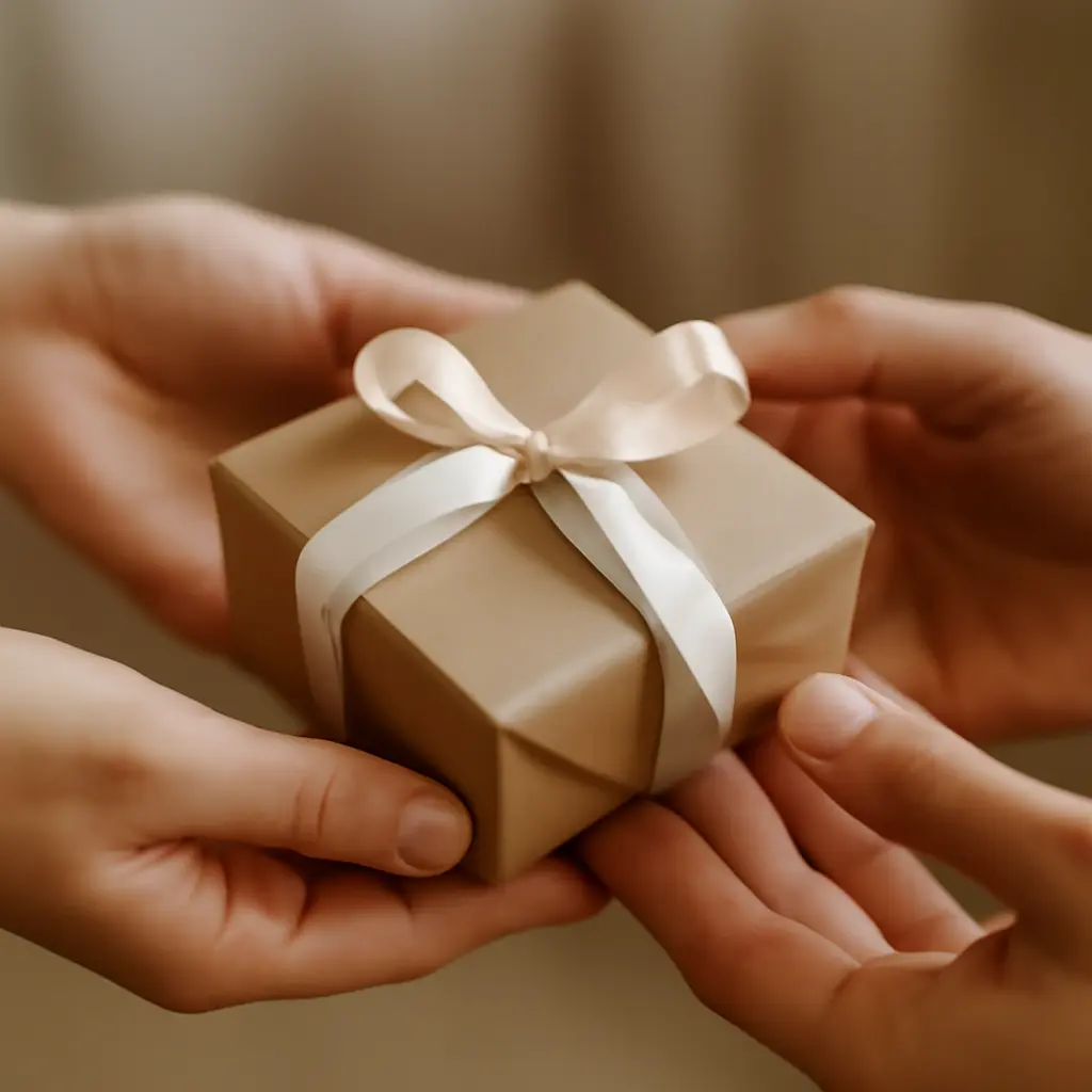 Detail rukou podávajících malý personalizovaný dárek