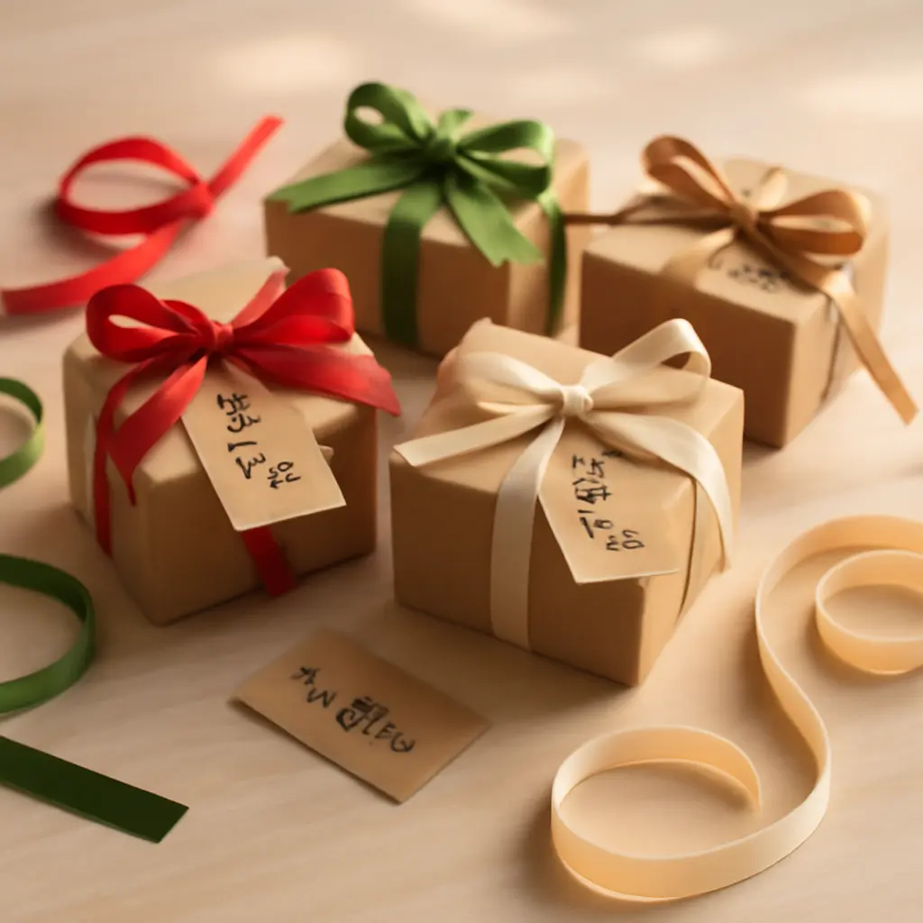 Rychlé dárky na stole Rychlé dárky připravené na stole s páskou a kartičkami