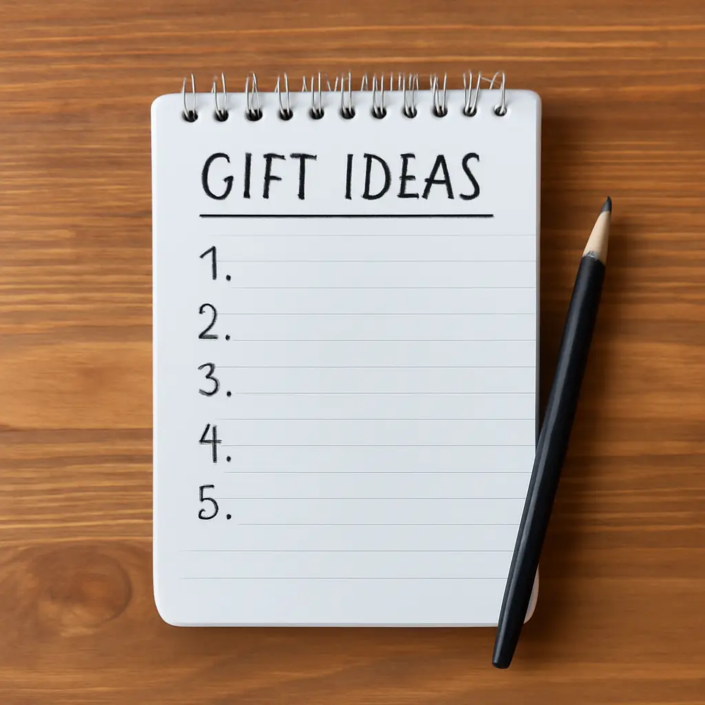 Sešit se seznamem nápadů na dárky a tužka