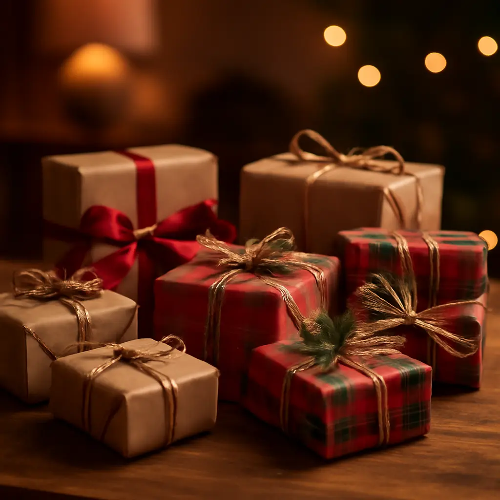 Různé dárky na stole připravené k zabalení