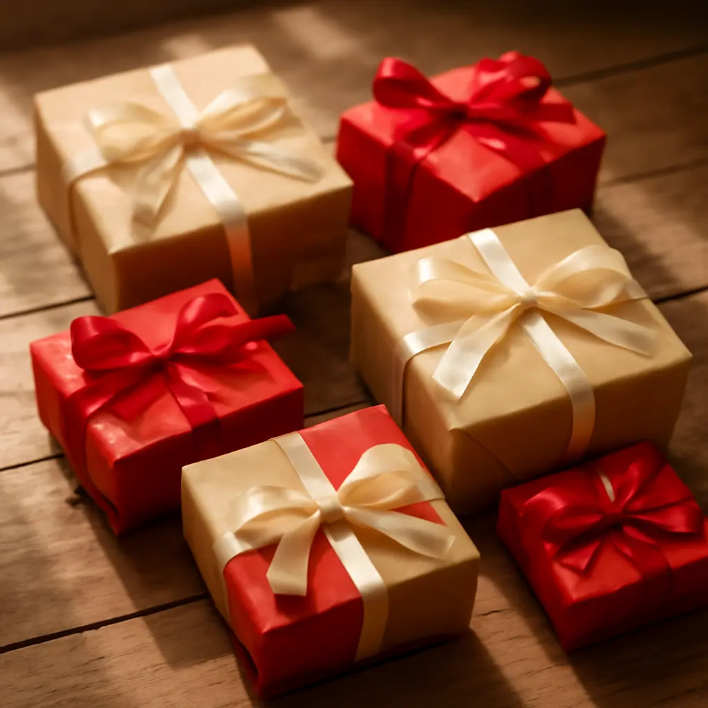 Různé dárky krásně zabalené na dřevěném pozadí