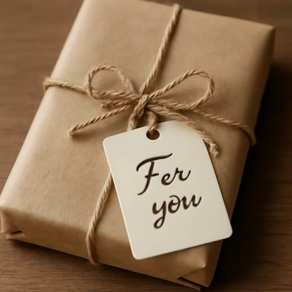 Detail zabaleného dárku s ručně psaným vzkazem